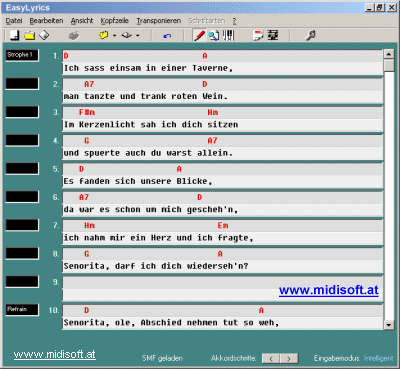 Mit EasyLyrics können Sie Songtexte (Lyrics) mit Akkorden in Midi-Dateien einfügen, erstellen, bearbeiten, transponieren und ausdrucken